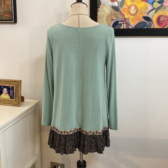 Easel Mint Green Brown Floral Trim Long Sleeve Tunic - Picture 4 of 4